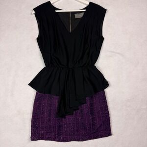 Sunday in Brooklyn Black Peplum Dress Purple Tweed Skirt Sheath Sz M Sleeveless‎